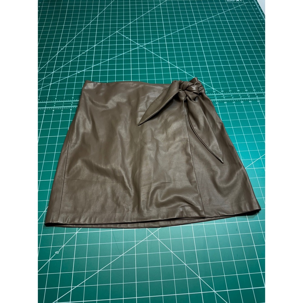 Impressions Brown Faux Leather Wrap Mini Skirt Side Knot Mocha Womens M NWT
